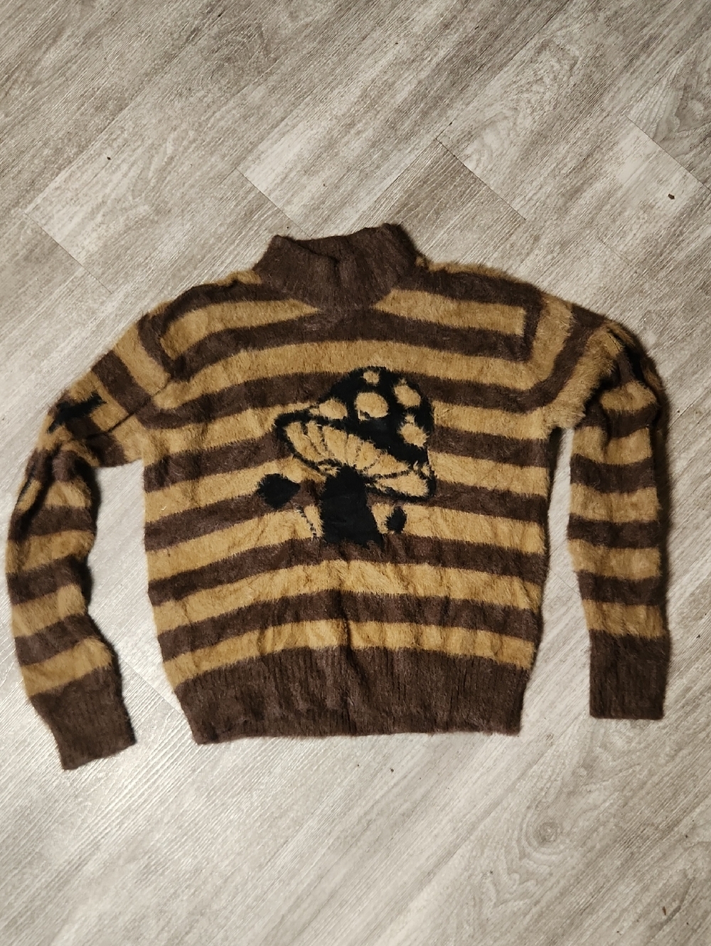 Womens HUF Brown & Tan Striped Fuzzy Sweater with Mushroom Motif - Picture 1 of 5